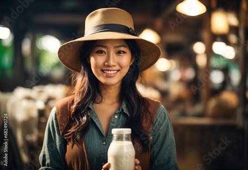 charming beautiful asian women wearing farmer milking cows hat, bottle of milk on the background