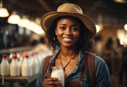 charming beautiful black women wearing farmer milking cows hat  bottle of milk on the background