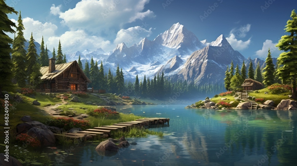 an image of a mountain lake with a rustic log cabin