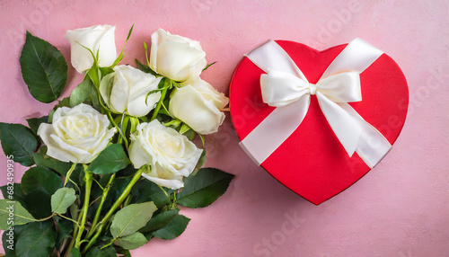  Valentine s day decoration  a bouquet of white roses and gift box.