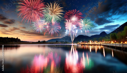 Beautiful night sky with colorful fireworks on the lake.
