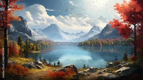 an image of a mountain lake framed by autumn foliage
