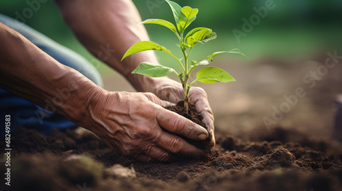 A young plant with green leaves is planted in the ground. The hands of an elderly, hard-working man compact the earth around him. Concept of ecology and new life