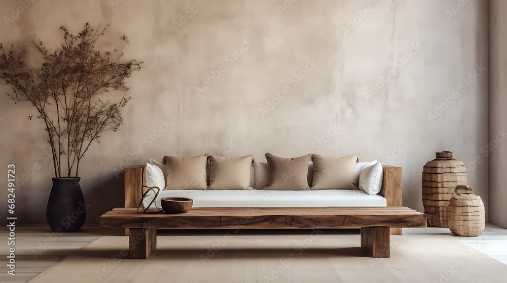 Rustic barn wood coffee table against beige sofa and stucco wall with copy space. Wabi-sabi home interior design of modern living room 
