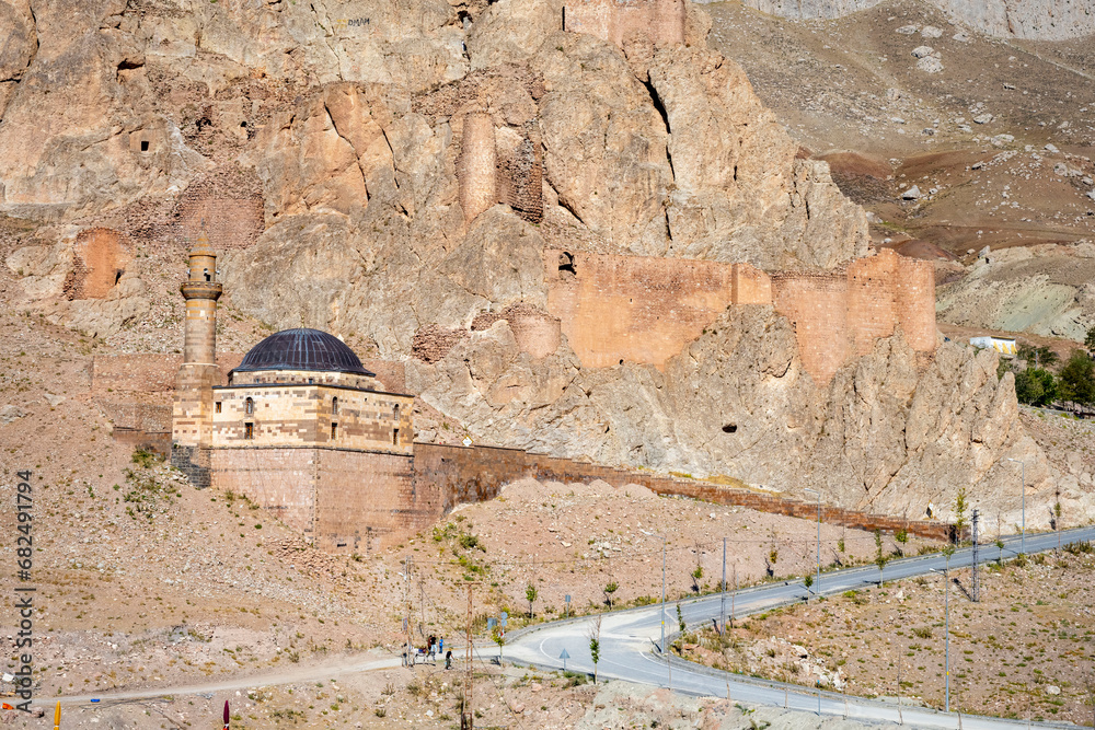 View of Old Bayezit Mosque and Ahmed-i Hani Tomb from Ishak Pasa Palace. Dogubayezit, Agri Turkey. 