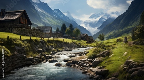 an image of a mountain village with a meandering mountain stream