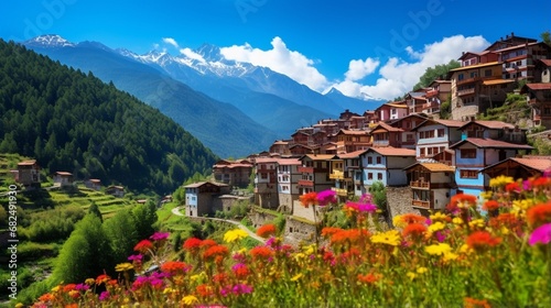 an image of a mountain village with colorful flowers in bloom