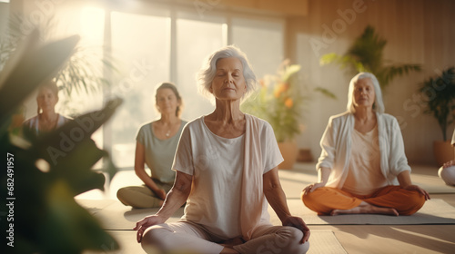 yoga class for older people. health care concept. beautiful pensioners doing yoga 