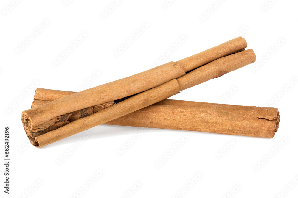 Two ceylon cinnamon sticks isolated on white background with shadow
