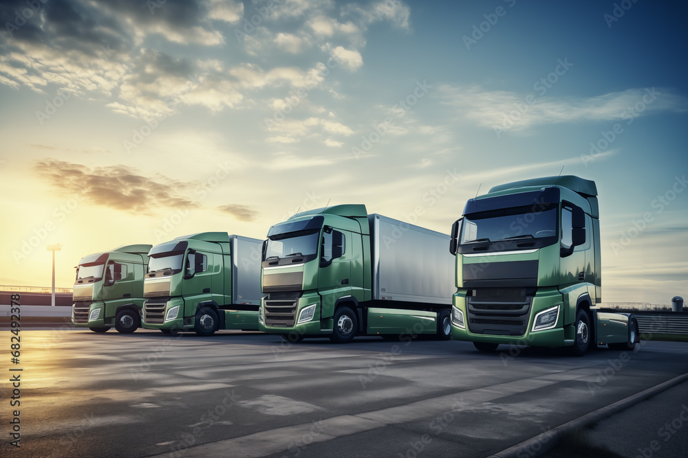 Row of green semi trucks parked in sequence, showcasing eco-friendly transport. Symbolizing a shift toward sustainable logistics - obrazy, fototapety, plakaty 