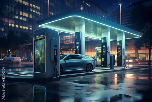 Electric vehicle charging hub illuminates the city street at night. Sustainable cityscape embracing electric mobility for a cleaner future
