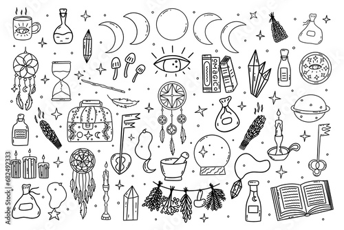 Set of magical elements. Hourglass, books and herbs, dream catcher and candles, magic wand and crystals, third eye. Black and white vector isolated illustration hand drawn doodle collection