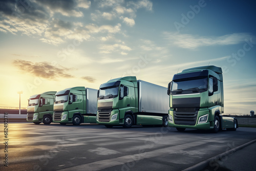 Row of green semi trucks parked in sequence, showcasing eco-friendly transport. Symbolizing a shift toward sustainable logistics photo