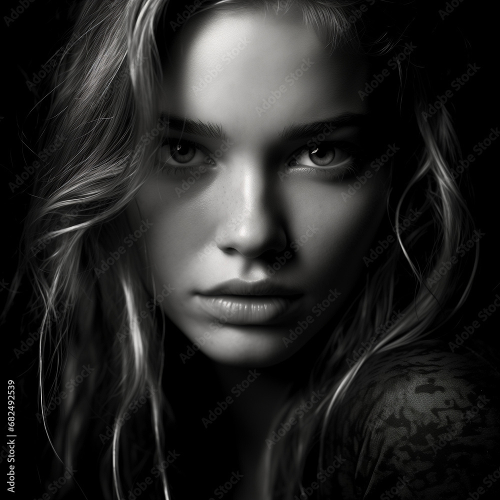 Fototapeta premium Black and white photo of a beautiful woman staring into the camera