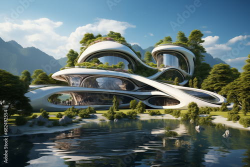 Futuristic eco-friendly building with sustainable architecture. 
