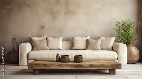Rustic barn wood coffee table against beige sofa and stucco wall with copy space. Wabi-sabi home interior design of modern living room  © Alin