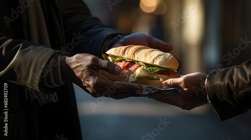 A hand offering a sandwich to a homeless person, highlighting the issue of homelessness. photo