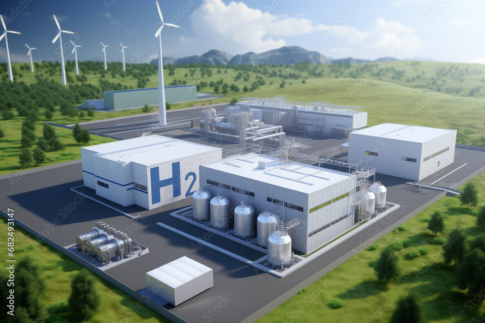Cutting-edge hydrogen plant powered by renewable energy, emblematic of sustainable innovation Cutting-edge hydrogen plant powered by renewable energy, emblematic of sustainable innovation