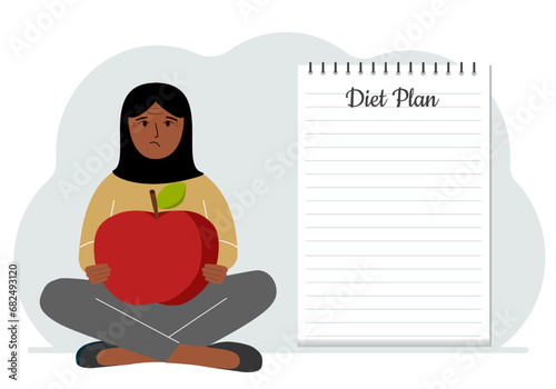 Diet plan illustration. A woman sits cross-legged and holds a large red apple. The concept of diet food, meal planning, nutrition consultation.