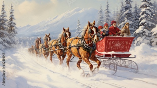 A horse-drawn sleigh gliding through a snowy landscape with joyous passengers. © Mustafa_Art
