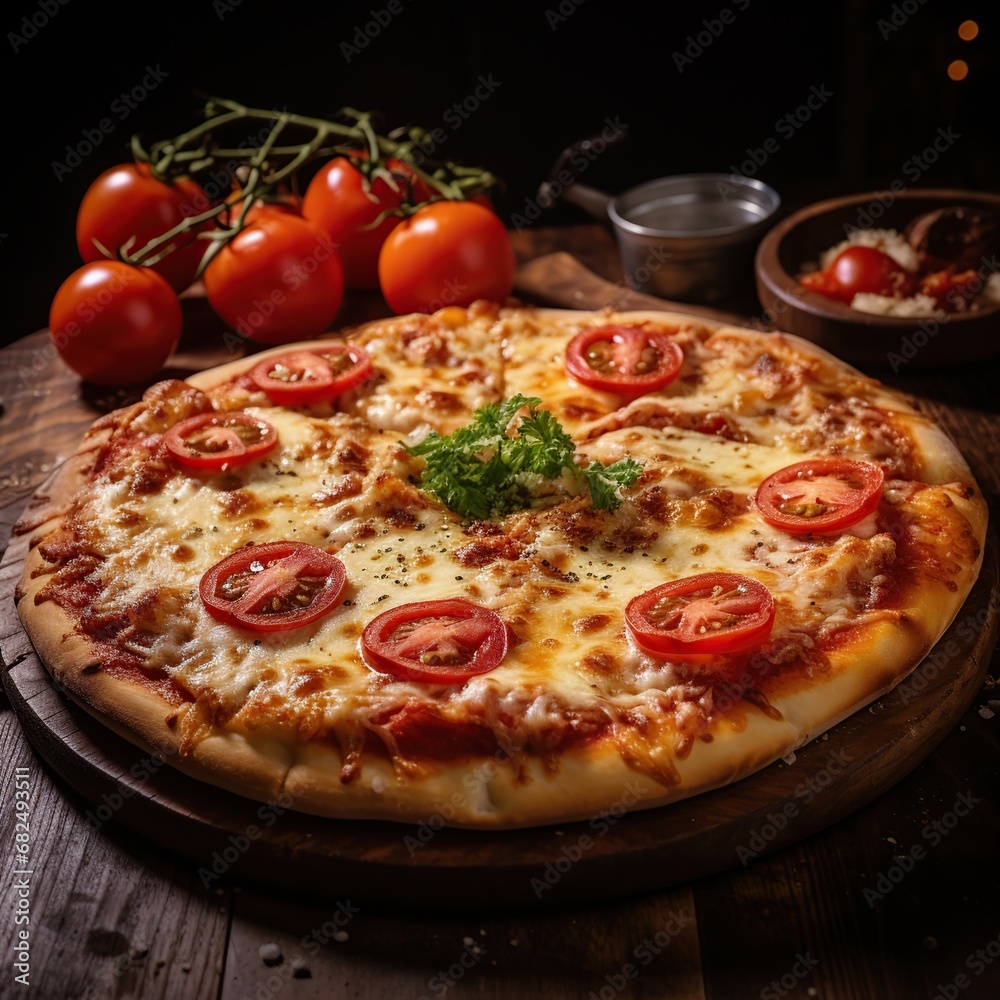 A delicious pizza, topped with melted cheese, fresh tomatoes, and a variety of savory toppings, Generative AI   