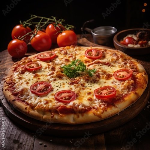 A delicious pizza, topped with melted cheese, fresh tomatoes, and a variety of savory toppings, Generative AI 