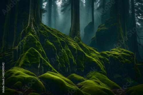 a beautiful rock formation covered by moss and a tree by the side photo