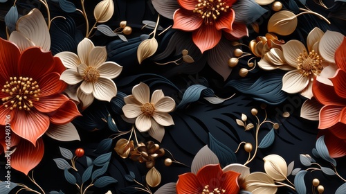 Seamless Vector Image of a Dark Floral Pattern with Golden Details
