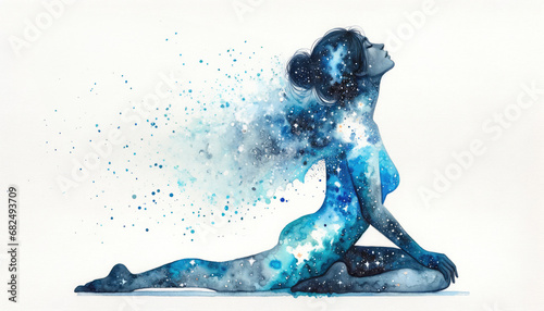 Abstract watercolor illustration of woman doing yoga pose. Drawing of woman stretching 