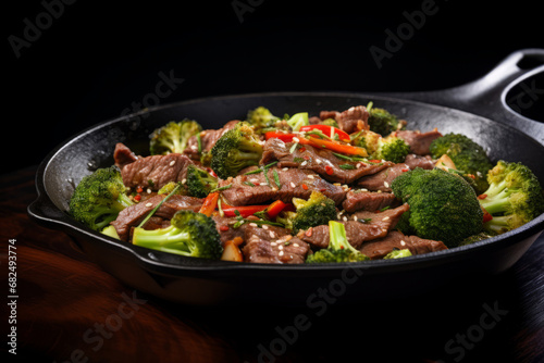 Beef with broccoli vegetables cooking roasting in steel pan. Stir fried beef and broccoli Generative AI