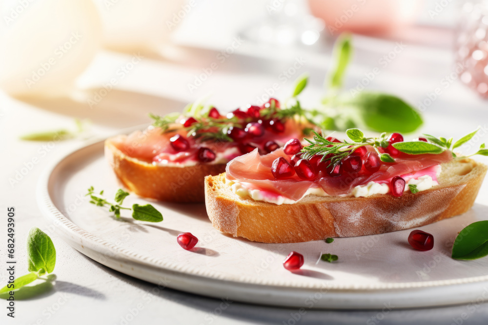 Toasts with cheese cream, ham and cranberry sauce. Generative AI Toasts with cheese cream, ham and cranberry sauce. Generative AI