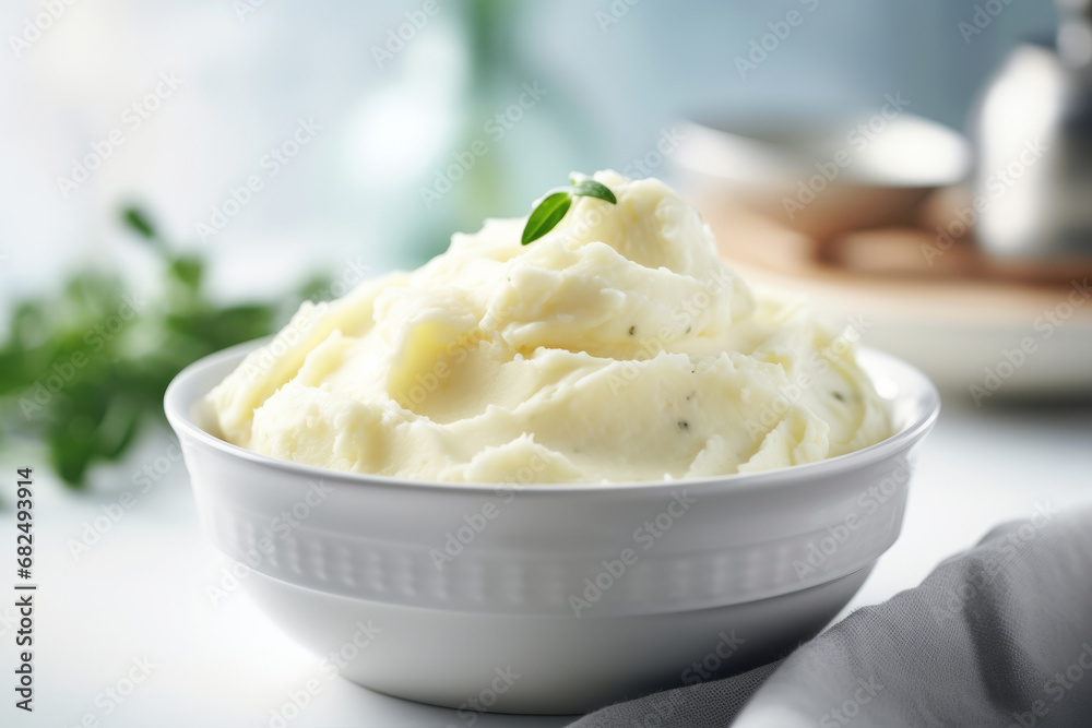 Creamy mashed potatoes in white bowl in white kitchen. Healthy food. Generative AI