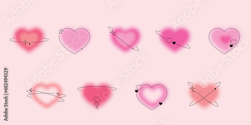Set of blurred pink gradient hearts with linear shape and stars, trendy y2k style design template. Modern minimalistic style. Social media or logo elements