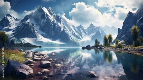 an image of a pristine alpine lake surrounded by jagged peaks