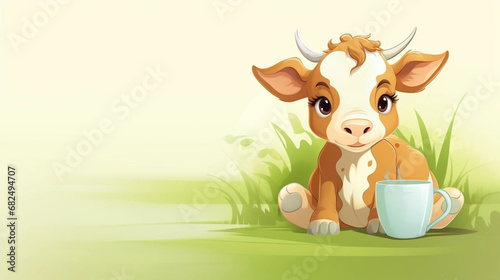 copy space, illustration, a glass of milk and a cow, no tekst. cute cow sitting and drinking a glass of milk.  Healthy food concept. National milk day.