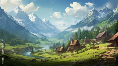 an image of a serene mountain village nestled in a valley