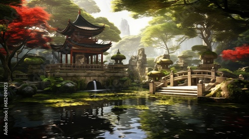 an image of a serene temple garden with a koi pond and fountain