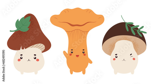 Set with three kawaii edible mushroom creatures, cute forest inhabitants. Hand drawn isolated vector illustration