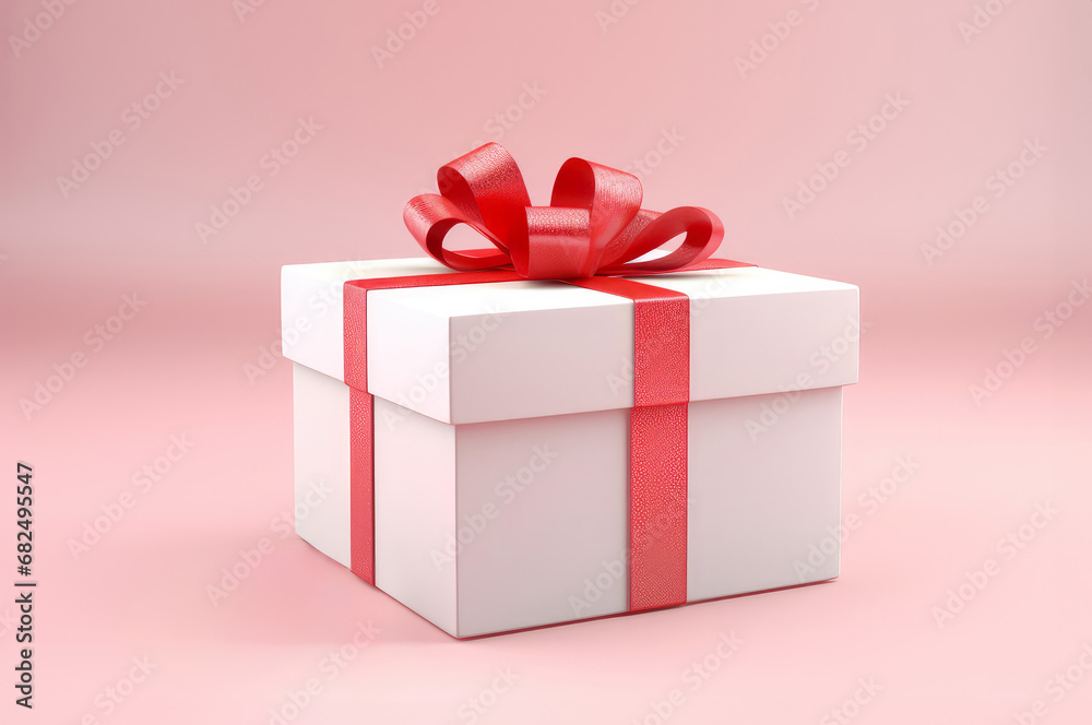 White gift box with red ribbon isolated on pink background White gift box with red ribbon isolated on pink background