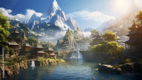 an image of a serene mountain village with a mountain hot spring © Wajid