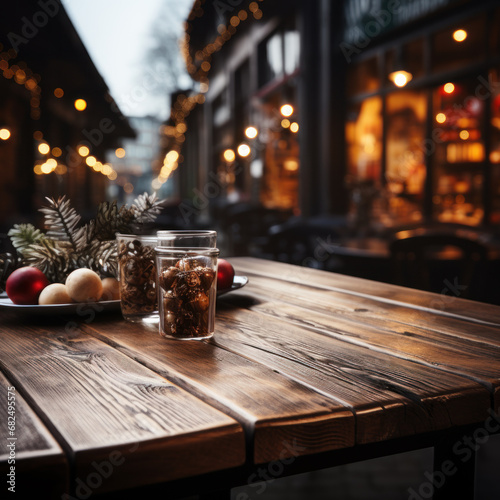Cosy bar settings with festive winter holiday decorations with text space