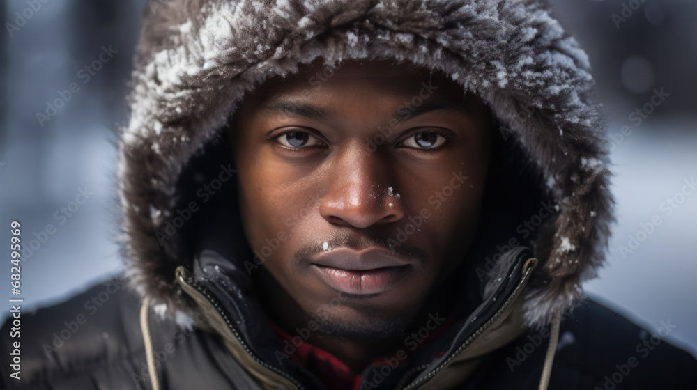 Frozen Expression: Intense Close-Up of Young African American Man Amid Snowfall, Winter Fashion Frozen Expression: Intense Close-Up of Young African American Man Amid Snowfall, Winter Fashion