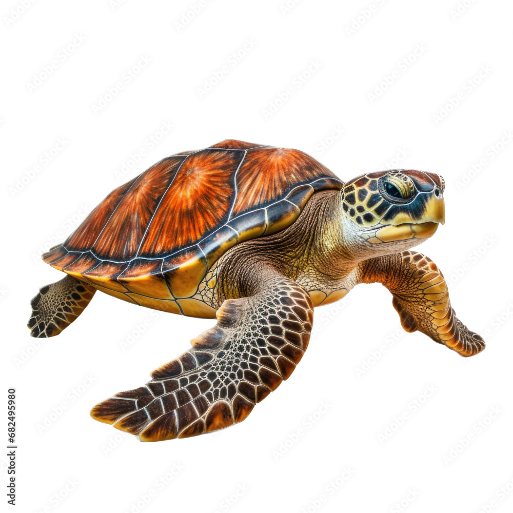 Fototapeta premium a Green Sea Turtle swimming, in motion in a PNG, in an Aquatic-themed, isolated, and transparent photorealistic illustration. Generative ai