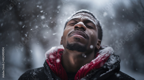 Cold Beauty: Close-Up Shot of Young Black Man in Winter Gear, Snowflakes Adorning His Face