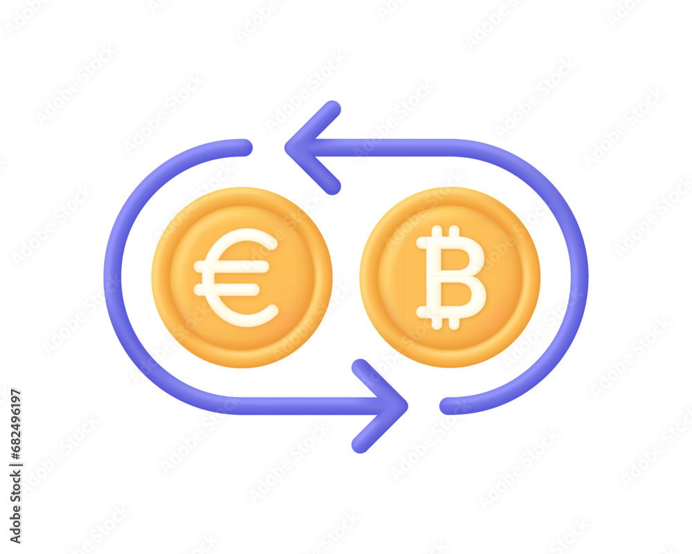 3D Currency exchange illustration. Concept of currency exchange or cash back. Euro to bitcoin icon. Money conversion. 3D Currency exchange illustration. Concept of currency exchange or cash back. Euro to bitcoin icon. Money conversion.
