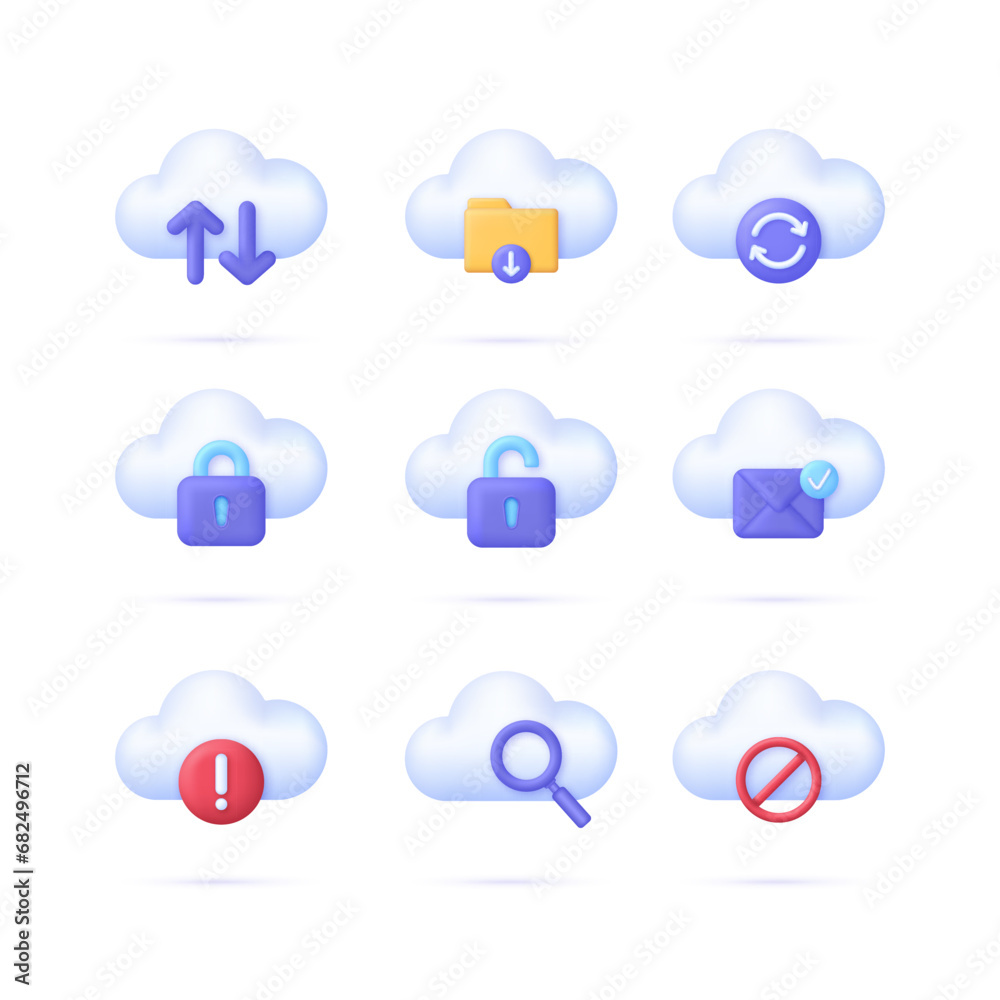 3D Set of Cloud Computing icons. Download, upload, synchronization, safety, search, important notice concept. 3D Set of Cloud Computing icons. Download, upload, synchronization, safety, search, important notice concept.