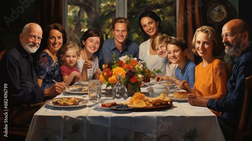 A joyful family of different generations sharing a meal together at a beautifully set dining table.