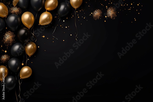 Confetti and balloons on a black background with text space, Generative AI photo