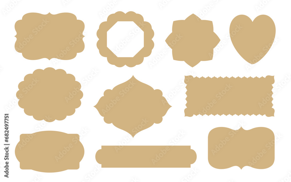Retro labels vintage tag templates vector cut file. Old fashioned die-cut frame shapes ornate sihouettes for paper cut, scrapbook, insignia, wine badge, food label, sticker, gift tag or greeting card.