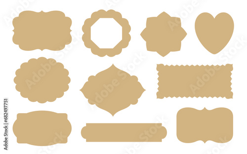 Retro labels vintage tag templates vector cut file. Old fashioned die-cut frame shapes ornate sihouettes for paper cut, scrapbook, insignia, wine badge, food label, sticker, gift tag or greeting card.